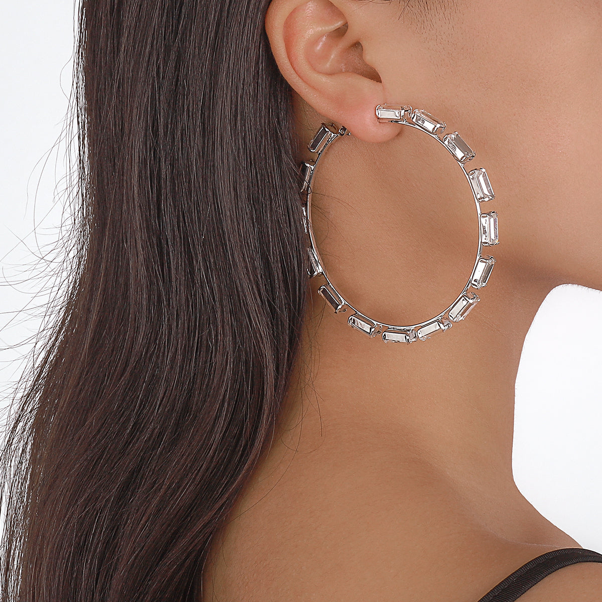 Crystal & Silver-Plated Baguette-Cut Hoop Earrings