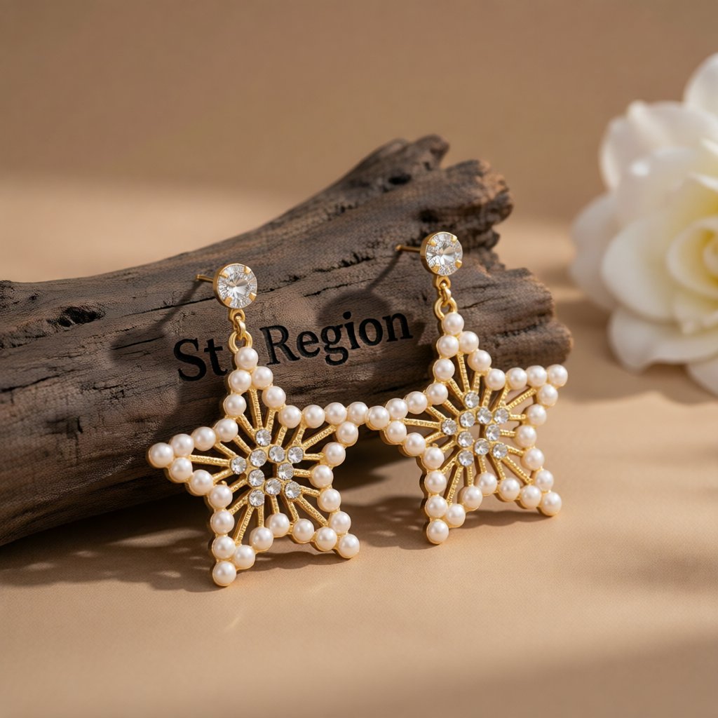 Pearl and 18K Gold-Plated Cubic Zirconia-Accent Star Drop Earrings, gold drop earrings for women, everyday style, front view