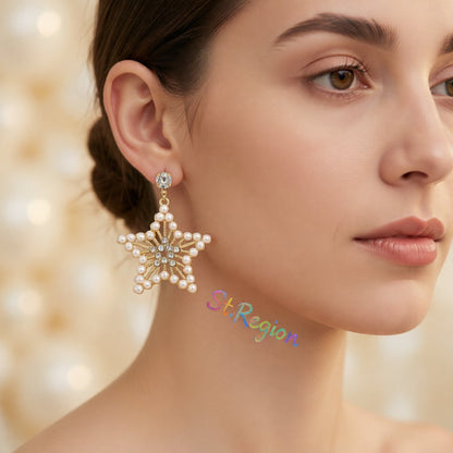 Pearl and 18K Gold-Plated Cubic Zirconia-Accent Star Drop Earrings, gold drop earrings for women, everyday style, styled look