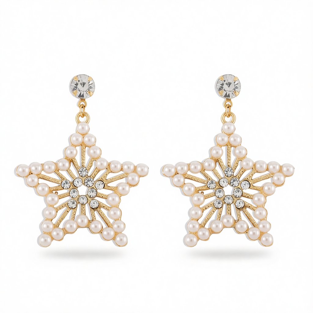 Pearl and 18K Gold-Plated Cubic Zirconia-Accent Star Drop Earrings, gold drop earrings for women, everyday style, side view