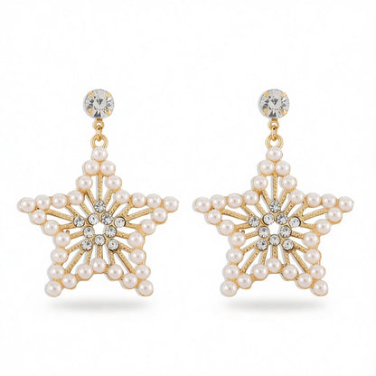 Pearl and 18K Gold-Plated Cubic Zirconia-Accent Star Drop Earrings, gold drop earrings for women, everyday style, side view