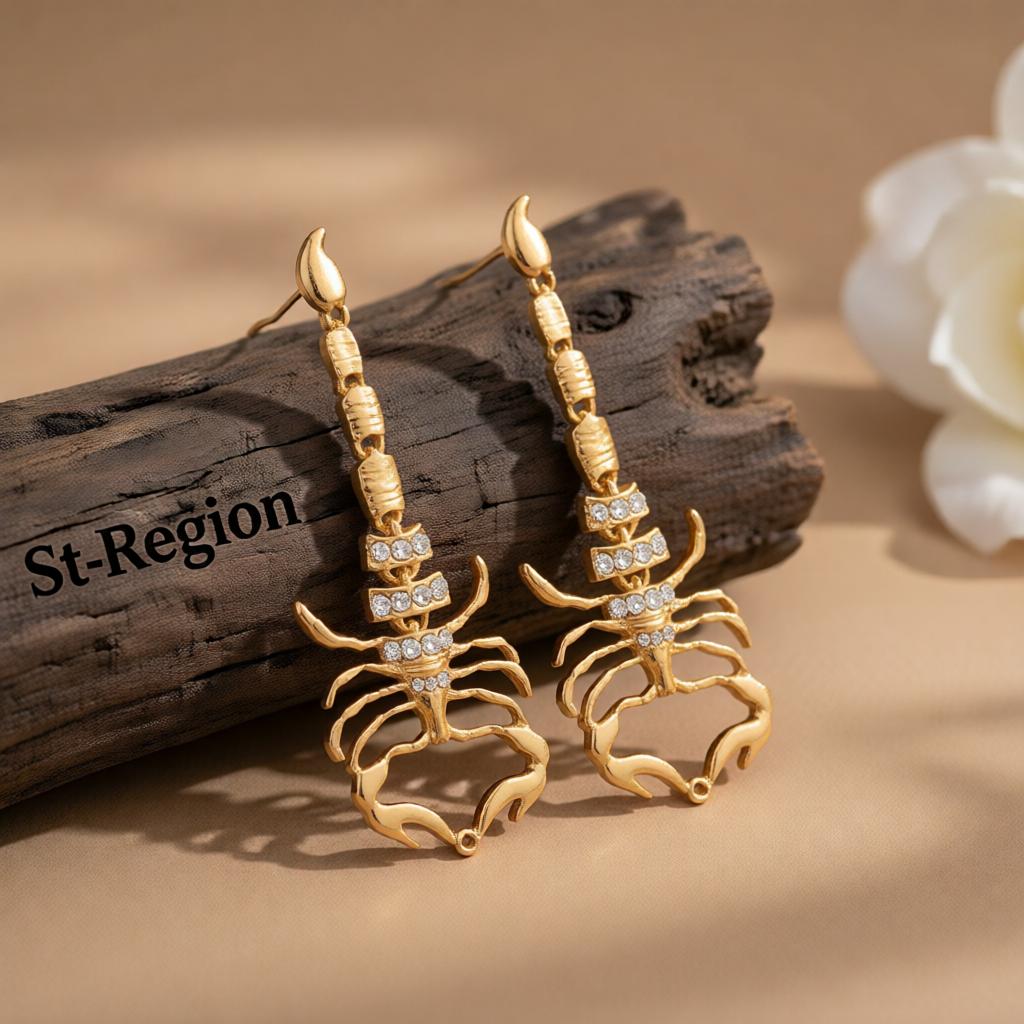 Cubic Zirconia and 18K Gold-Plated Scorpion Drop Earrings, gold drop earrings for women, elegant gift for her, front view