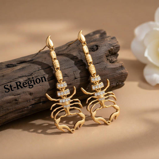 Cubic Zirconia and 18K Gold-Plated Scorpion Drop Earrings, gold drop earrings for women, elegant gift for her, front view