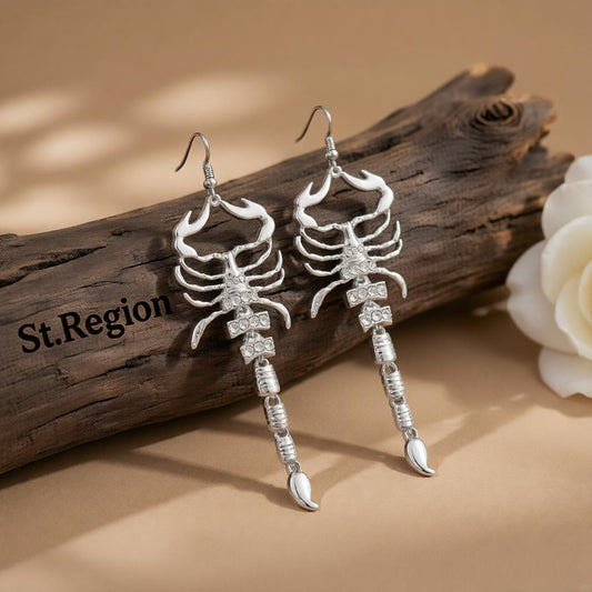 Cubic Zirconia and Silver-Plated Scorpion Drop Earrings, silver drop earrings for women, vintage-inspired design, front view