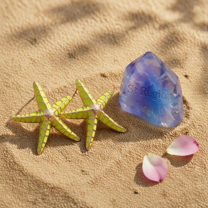 Green Enamel and 18K Gold-Plated Starfish Stud Earrings, cubic zirconia stud earrings for women, detail close-up