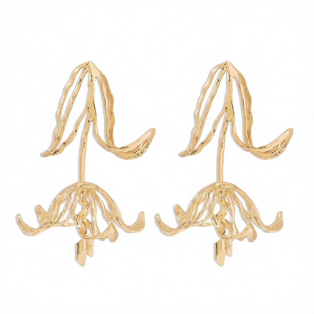 18K Gold-Plated Openwork Tulip Dangle Earrings, gold drop earrings for women, everyday style, side view