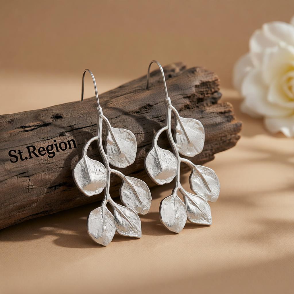 Silver-Plated Botanical Drop Earrings, silver drop earrings for women, botanical inspired, front view