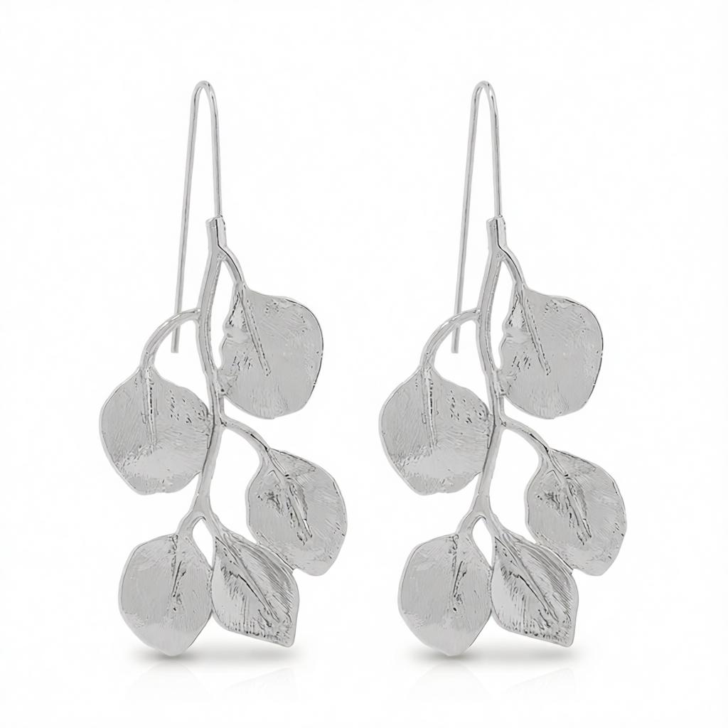 Silver-Plated Botanical Drop Earrings, silver drop earrings for women, botanical inspired, side view