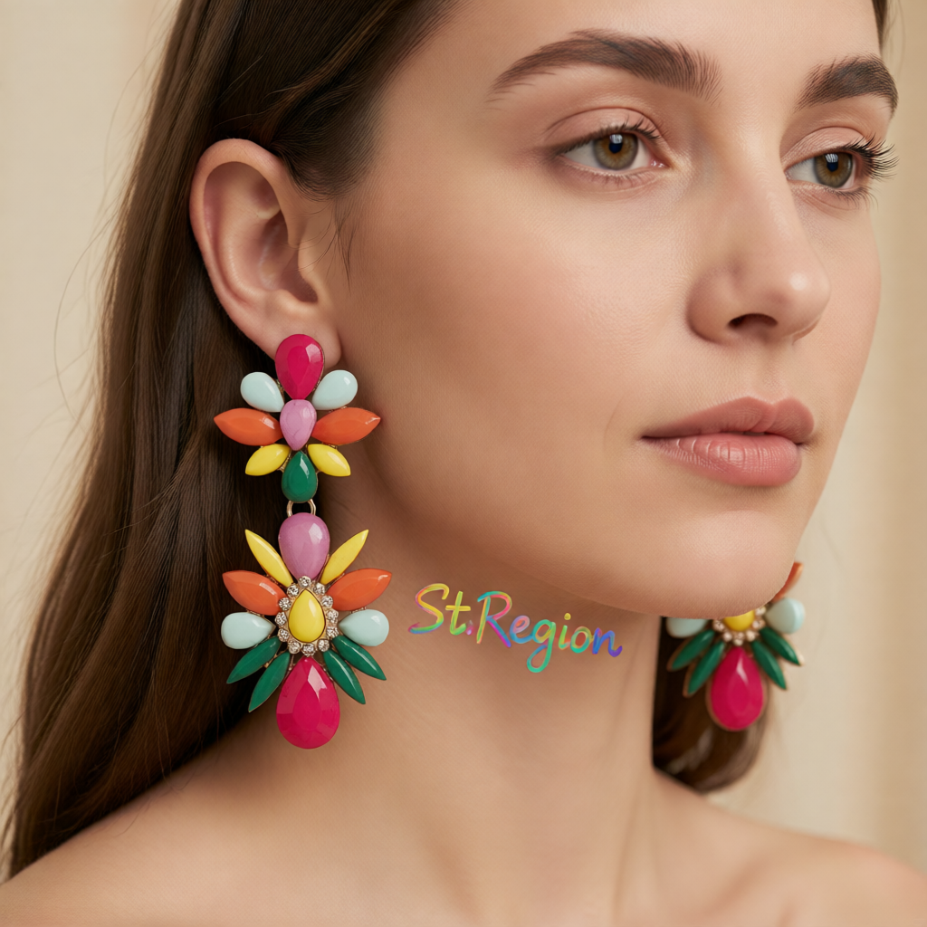 Pink Multicolor Resin & Cubic Zirconia Floral Drop Earrings
