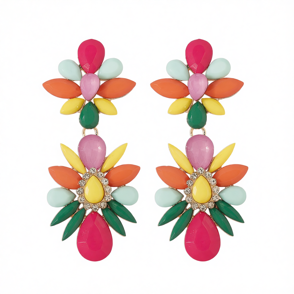 Pink Multicolor Resin & Cubic Zirconia Floral Drop Earrings