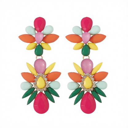Pink Multicolor Resin & Cubic Zirconia Floral Drop Earrings