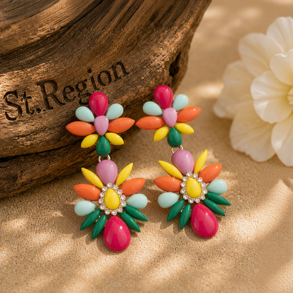 Pink Multicolor Resin & Cubic Zirconia Floral Drop Earrings
