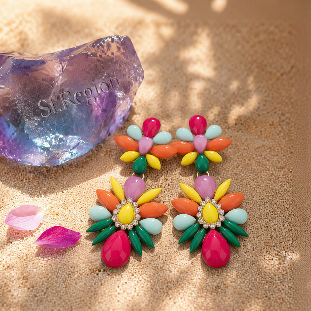 Pink Multicolor Resin & Cubic Zirconia Floral Drop Earrings