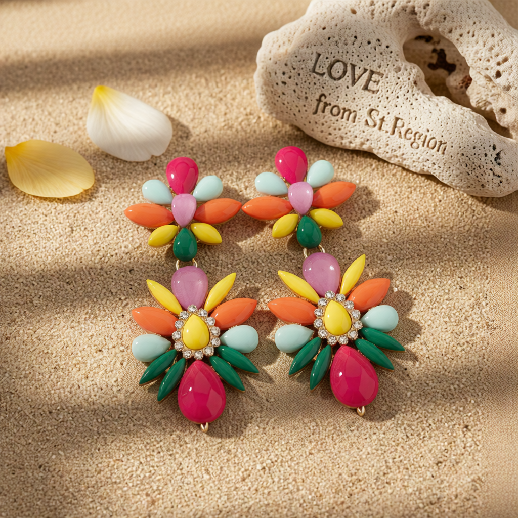 Pink Multicolor Resin & Cubic Zirconia Floral Drop Earrings