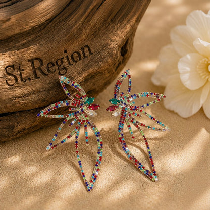Cubic Zirconia and Red Crystal Open Floral Statement Earrings, stud earrings for women, vintage-inspired design, front view