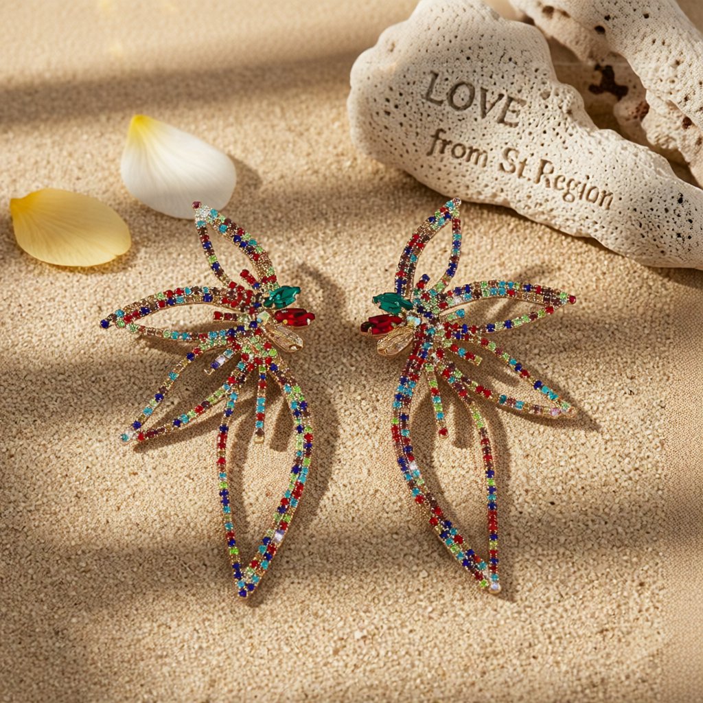 Cubic Zirconia and Red Crystal Open Floral Statement Earrings, stud earrings for women, lifestyle look