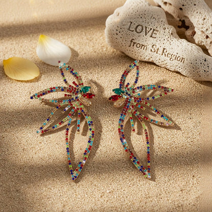 Cubic Zirconia and Red Crystal Open Floral Statement Earrings, stud earrings for women, lifestyle look