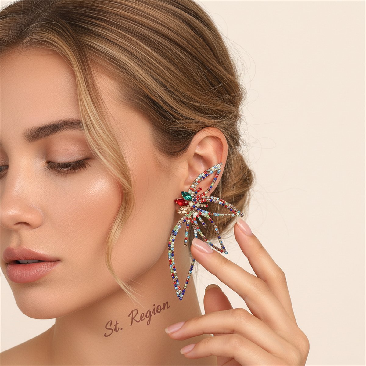 Cubic Zirconia and Red Crystal Open Floral Statement Earrings, stud earrings for women, vintage-inspired design, styled look