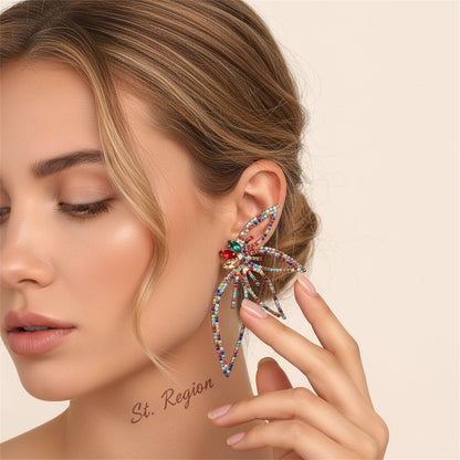 Cubic Zirconia and Red Crystal Open Floral Statement Earrings, stud earrings for women, vintage-inspired design, styled look