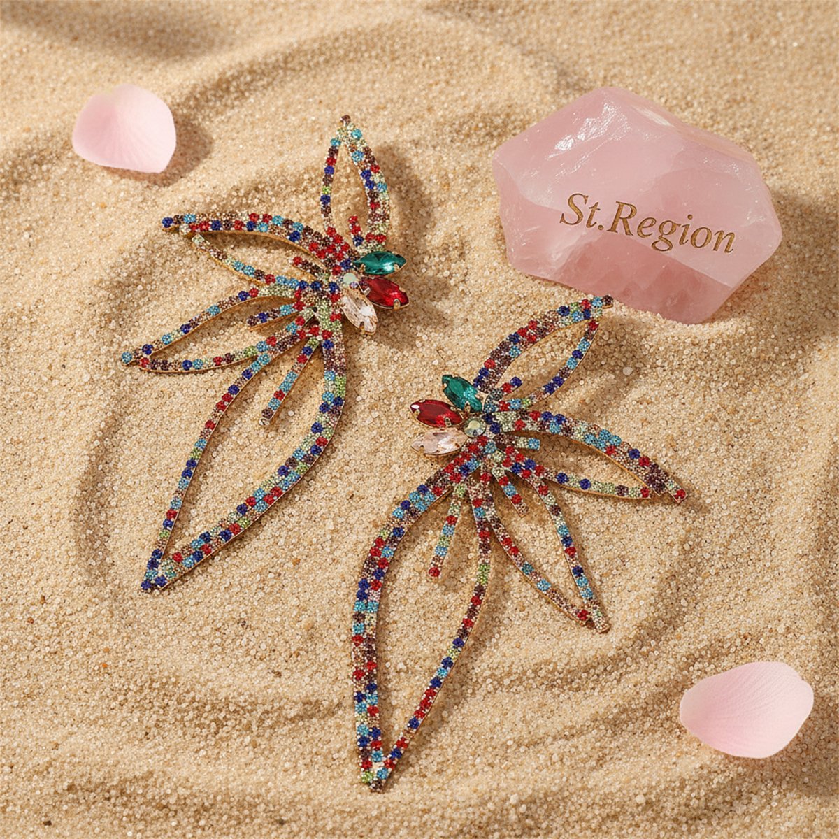 Cubic Zirconia and Red Crystal Open Floral Statement Earrings, stud earrings for women, detail close-up