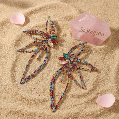 Cubic Zirconia and Red Crystal Open Floral Statement Earrings, stud earrings for women, detail close-up
