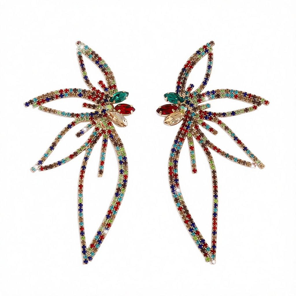 Cubic Zirconia and Red Crystal Open Floral Statement Earrings, stud earrings for women, vintage-inspired design, side view