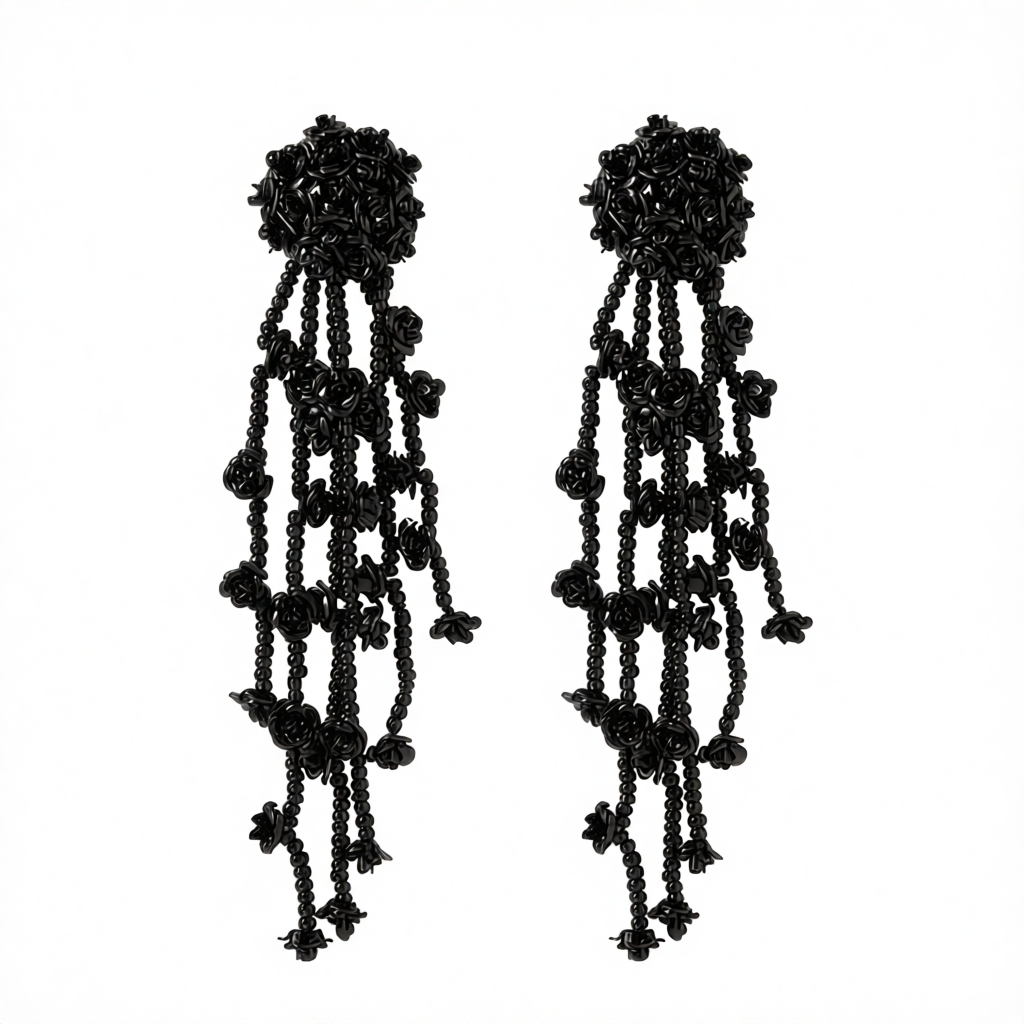 Black Acrylic & Silver-Plated Flower Tassel Drop Earrings