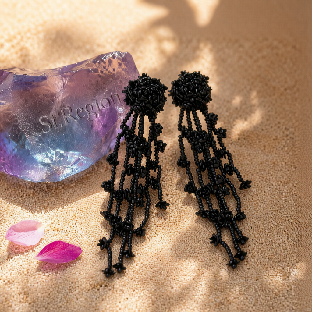 Black Acrylic & Silver-Plated Flower Tassel Drop Earrings