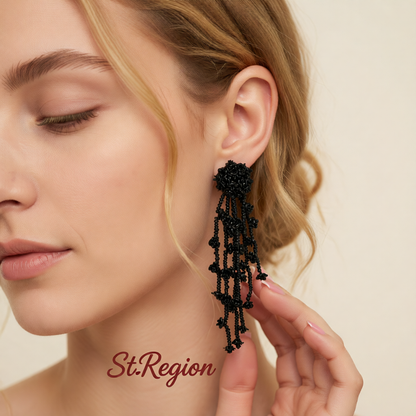 Black Acrylic & Silver-Plated Flower Tassel Drop Earrings