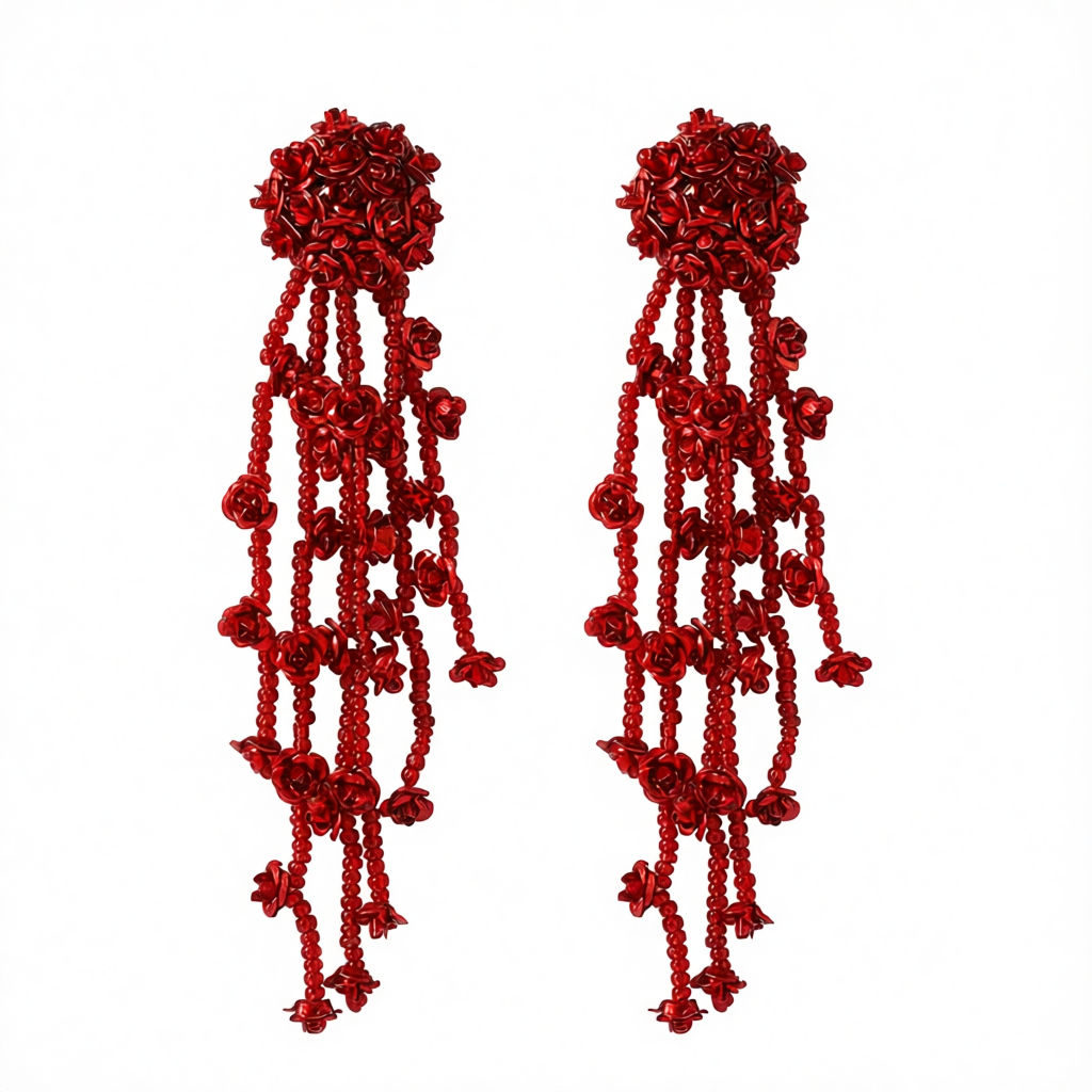 Red Acrylic & Silver-Plated Flower Tassel Drop Earrings