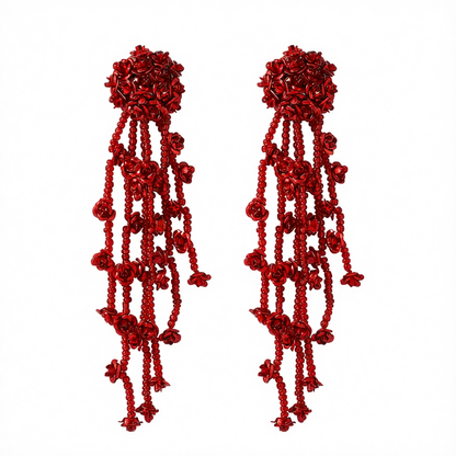 Red Acrylic & Silver-Plated Flower Tassel Drop Earrings