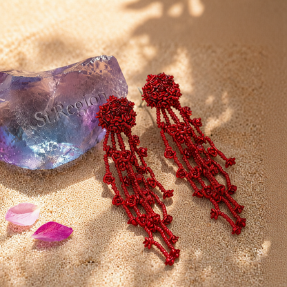 Red Acrylic & Silver-Plated Flower Tassel Drop Earrings
