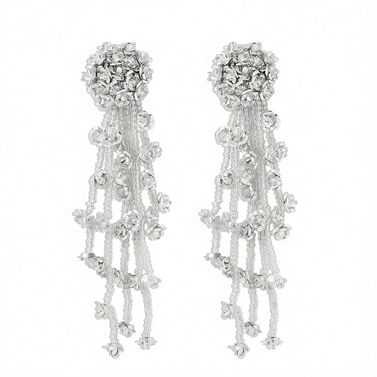 White Acrylic & Silver-Plated Flower Tassel Drop Earrings