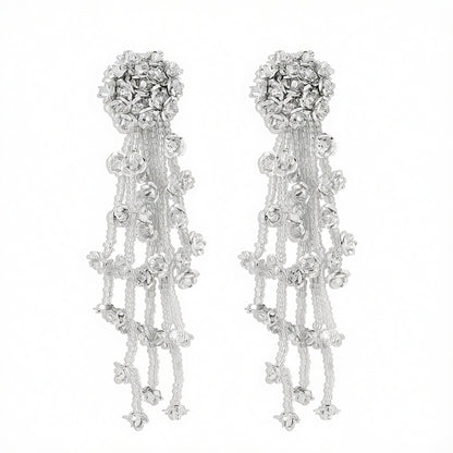 White Acrylic & Silver-Plated Flower Tassel Drop Earrings
