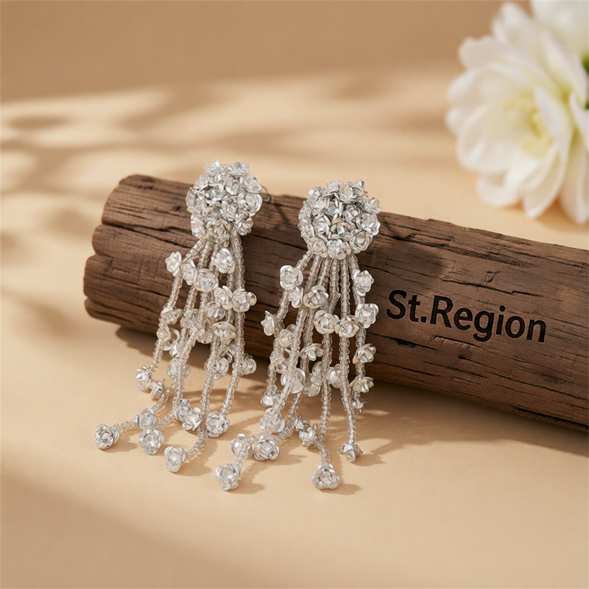 White Acrylic & Silver-Plated Flower Tassel Drop Earrings