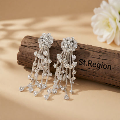 White Acrylic & Silver-Plated Flower Tassel Drop Earrings