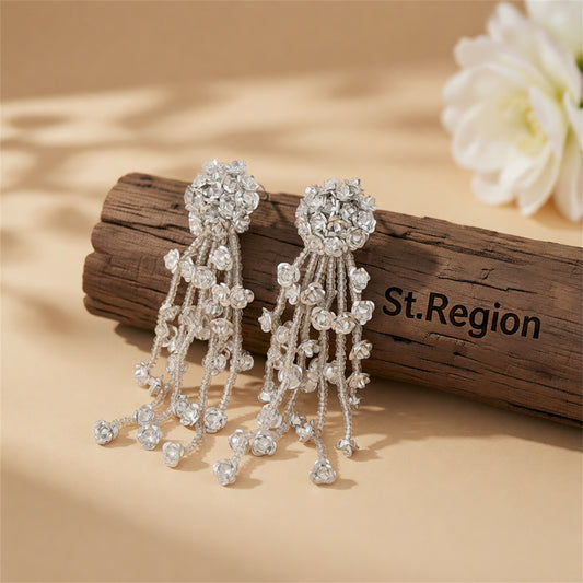 White Acrylic & Silver-Plated Flower Tassel Drop Earrings