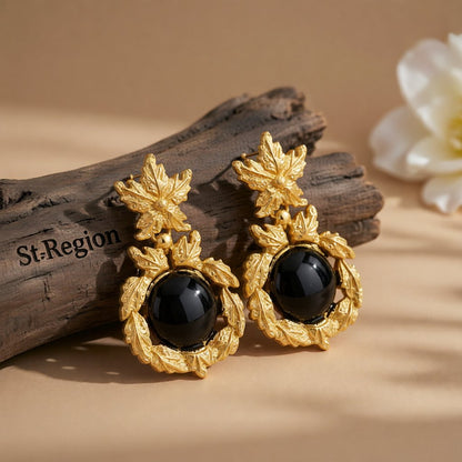 Black and 18K Gold-Plated Botanical Drop Earrings, gold drop earrings for women, everyday style, front view