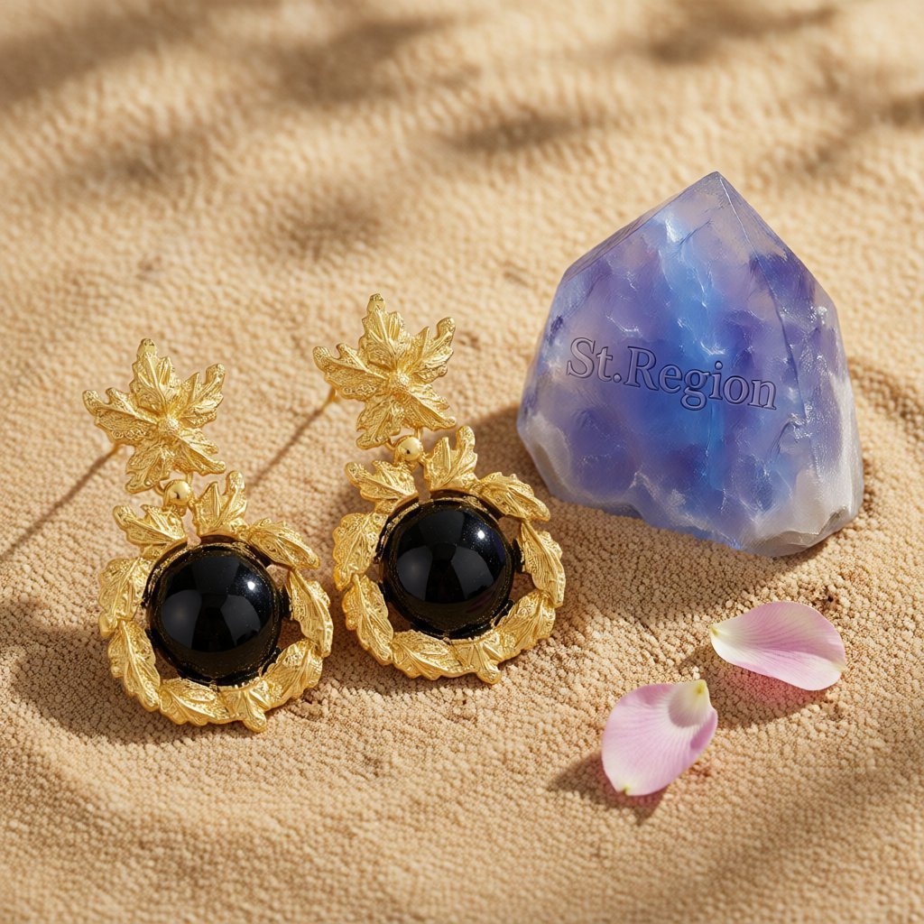 Black and 18K Gold-Plated Botanical Drop Earrings, gold drop earrings for women, everyday style, detail close-up