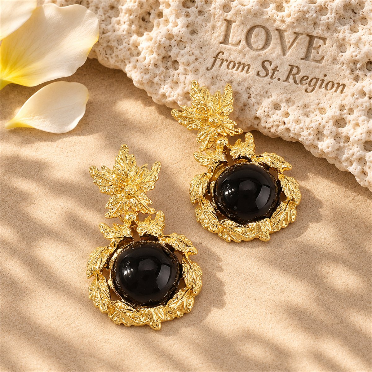 Black and 18K Gold-Plated Botanical Drop Earrings, gold drop earrings for women, everyday style, lifestyle look