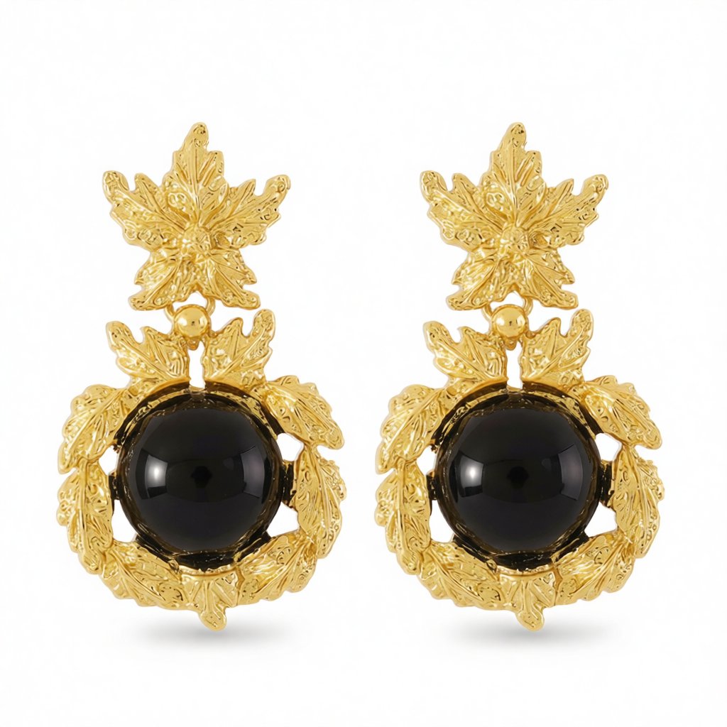 Black and 18K Gold-Plated Botanical Drop Earrings, gold drop earrings for women, everyday style, side view