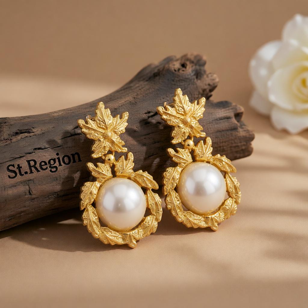 Pearl and 18K Gold-Plated Botanical Drop Earrings, gold drop earrings for women, vintage-inspired design, front view