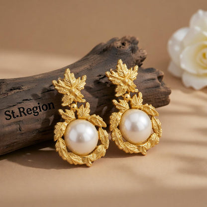 Pearl and 18K Gold-Plated Botanical Drop Earrings, gold drop earrings for women, vintage-inspired design, front view