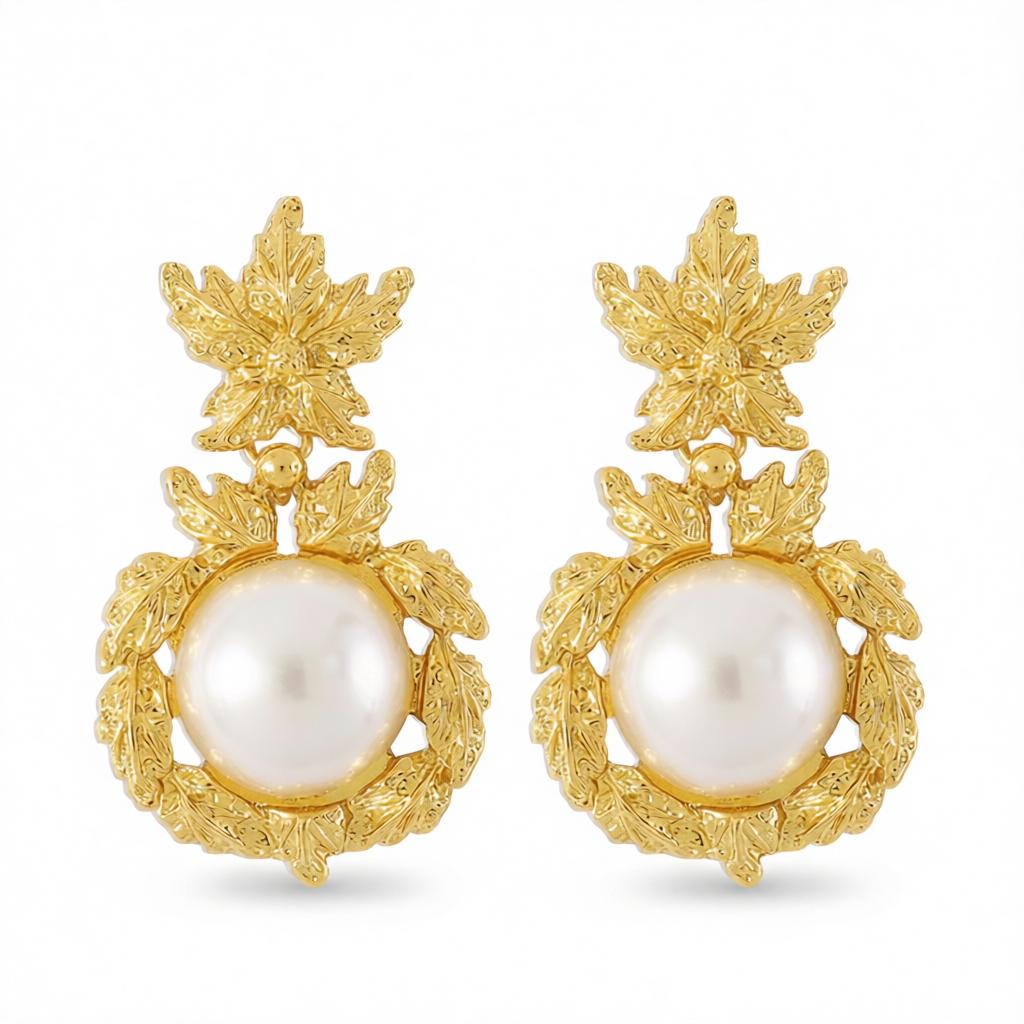 Pearl and 18K Gold-Plated Botanical Drop Earrings, gold drop earrings for women, vintage-inspired design, side view