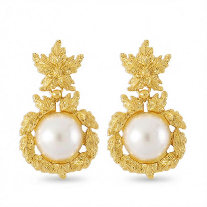 Pearl and 18K Gold-Plated Botanical Drop Earrings, gold drop earrings for women, vintage-inspired design, side view
