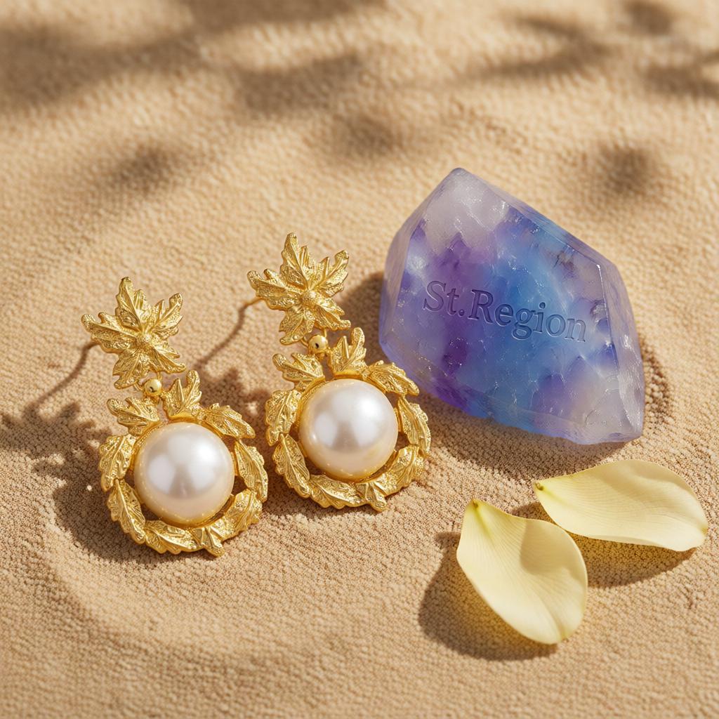 Pearl and 18K Gold-Plated Botanical Drop Earrings, gold drop earrings for women, vintage-inspired design, detail close-up