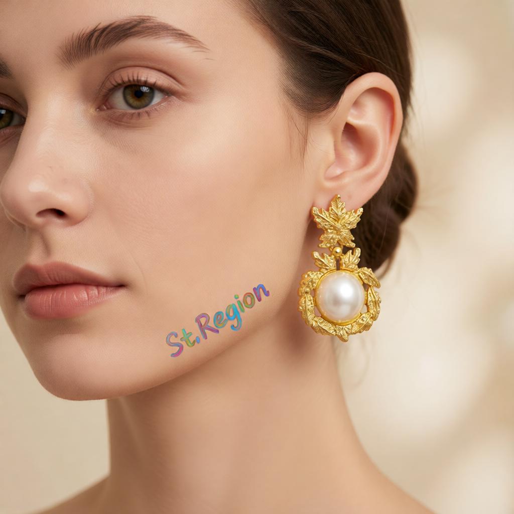 Pearl and 18K Gold-Plated Botanical Drop Earrings, gold drop earrings for women, vintage-inspired design, styled look
