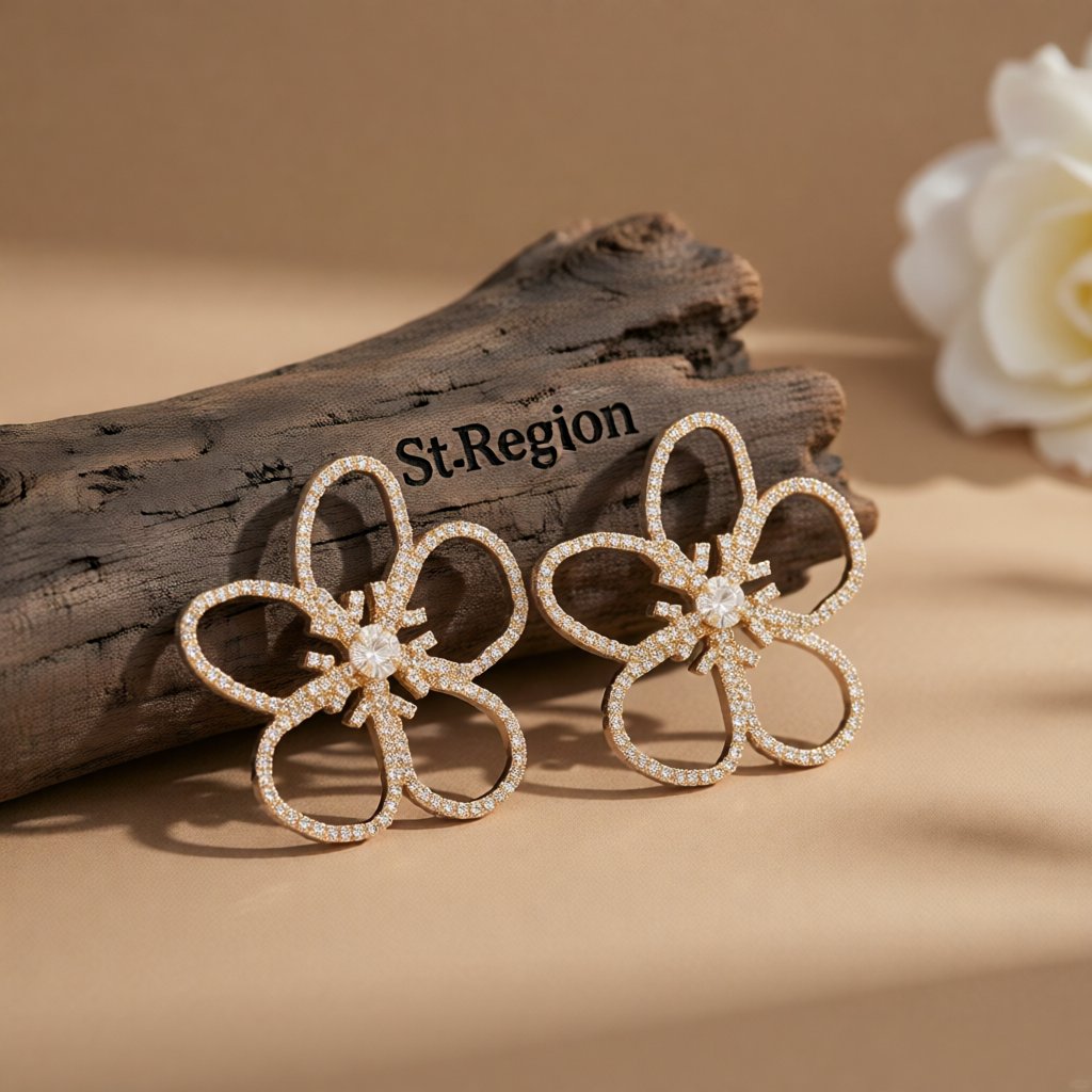 Crystal and Cubic Zirconia 18K Gold-Plated Open Flower Stud Earrings, gold stud earrings for women, front view