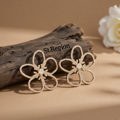 Crystal and Cubic Zirconia 18K Gold-Plated Open Flower Stud Earrings, gold stud earrings for women, front view