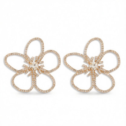 Crystal and Cubic Zirconia 18K Gold-Plated Open Flower Stud Earrings, gold stud earrings for women, everyday style, side view